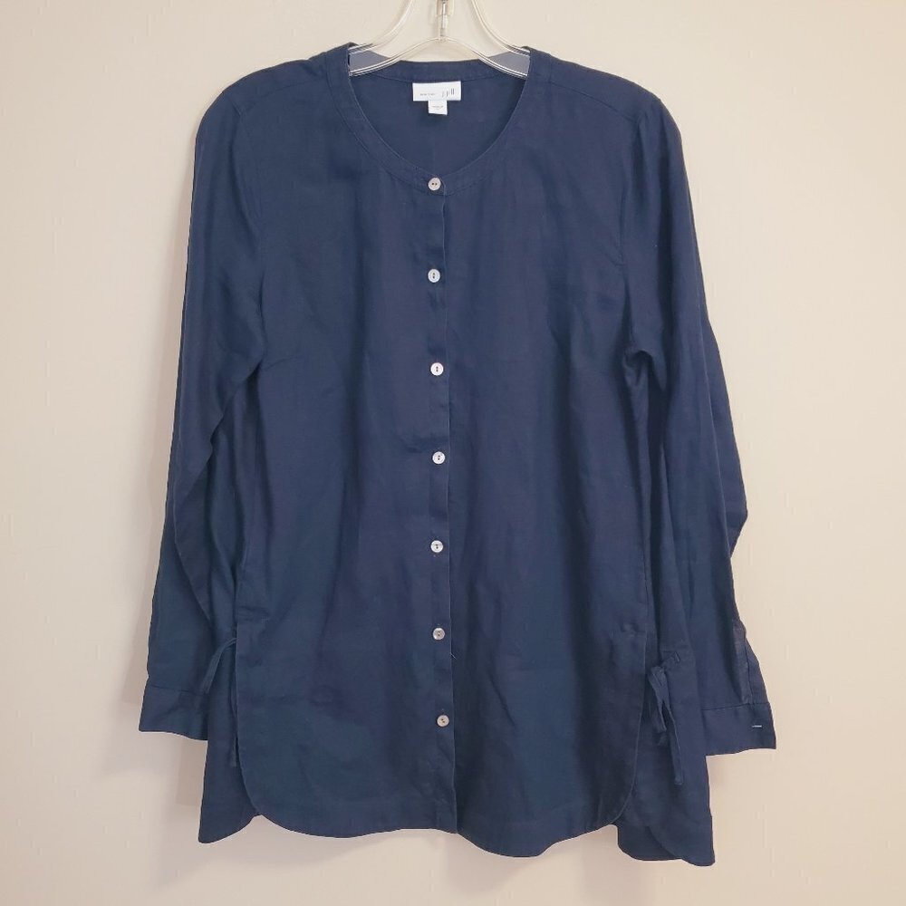 J. Jill Love Linen Button Down Side Tie Tunic Top Dark Navy Blue womens Sz XS - Picture 2 of 13